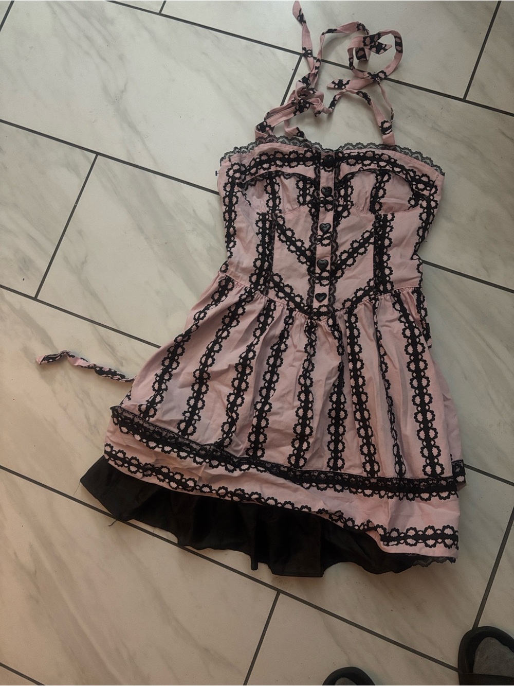Pink Halter Dress with Black Lace Trim